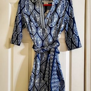 NWT Gretchen Scott dress, size small, 97% polyester, navy blue & white